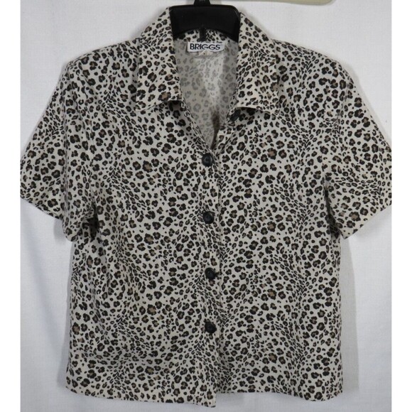 Vintage Briggs Women's Leopard Print Woven Button Up Short Sleeve Top Size M - Picture 4 of 11